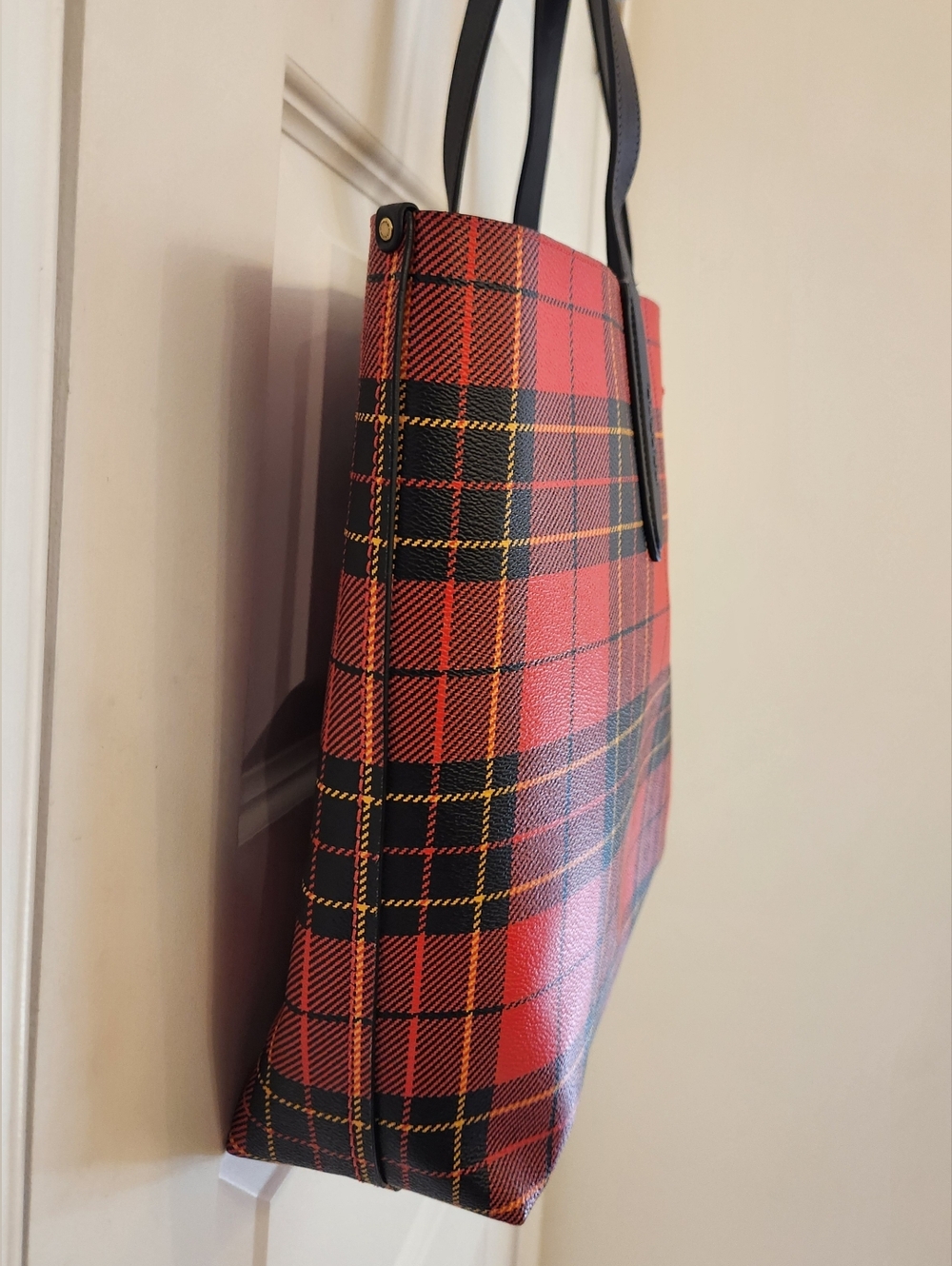 Coach Highline Plaid Print Coated Canvas Tote Bag Red Black - Picture 10 of 12